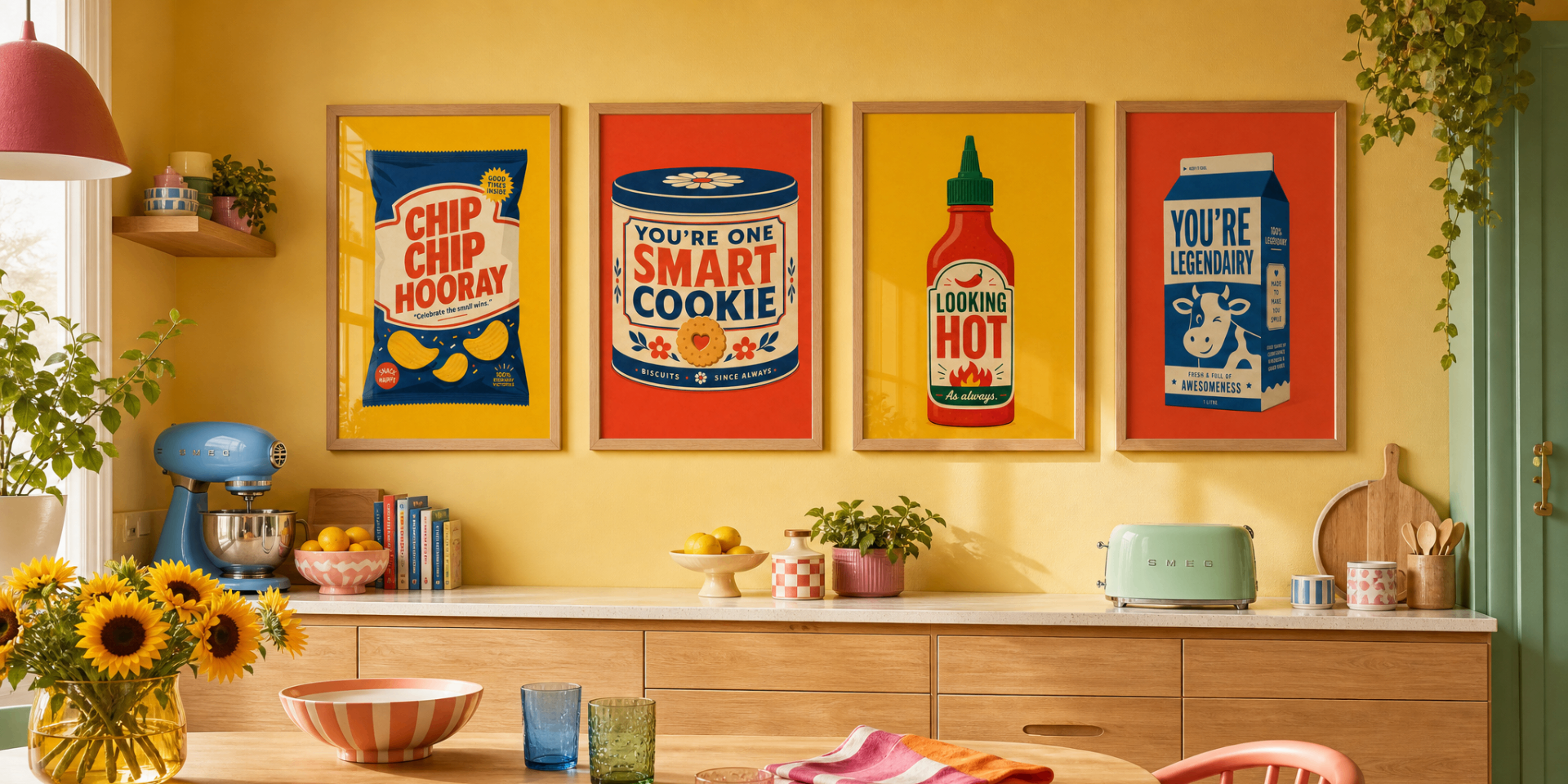 Four Daily Affirmations kitchen pop art prints — Chip Chip Hooray, Smart Cookie, Looking Hot and You're Legendairy — above a warm yellow Scandinavian kitchen counter
