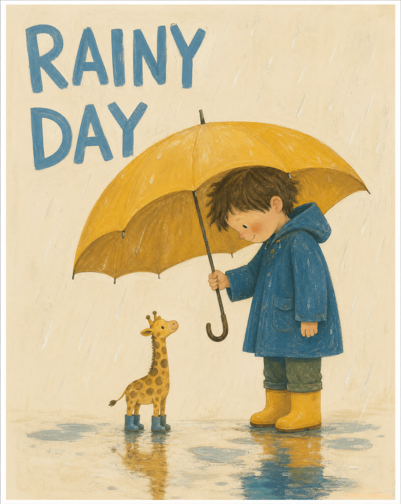 Rainy Day — a child in a blue coat and yellow boots shelters a tiny giraffe under a yellow umbrella