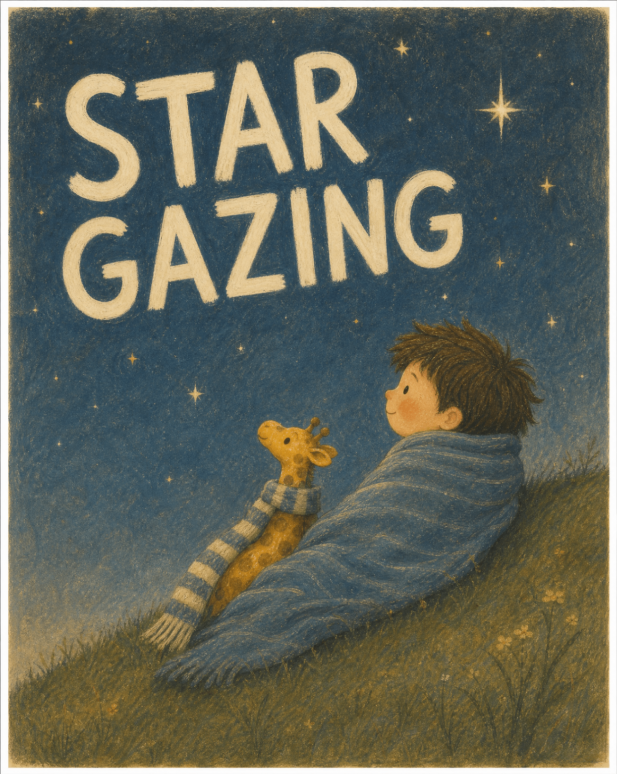 Star Gazing — a child wrapped in a striped blanket beside a small giraffe gazing at a starry sky