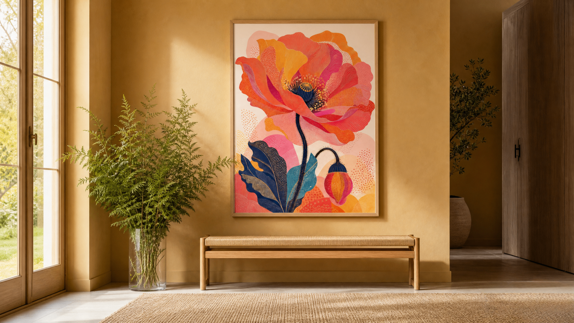 Vivid pink and orange poppy poster on a mustard yellow hallway wall above a natural oak bench with ferns