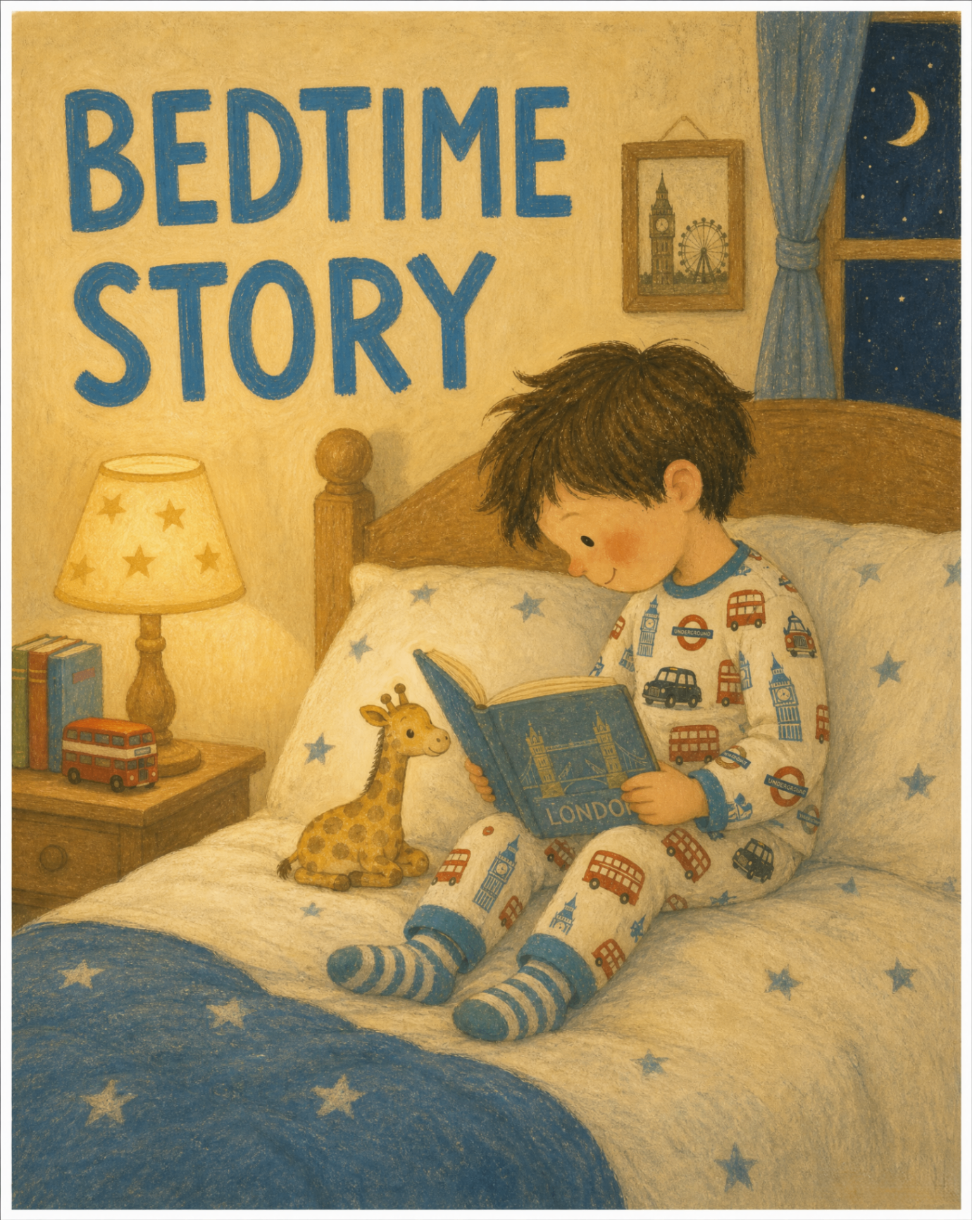 Bedtime Story — a child in patterned pyjamas reading a book about London with a tiny giraffe