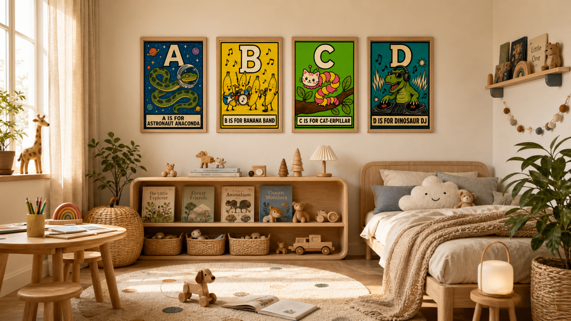 Four colorful ABCD alphabet posters above a wooden shelf in a Scandinavian children's bedroom