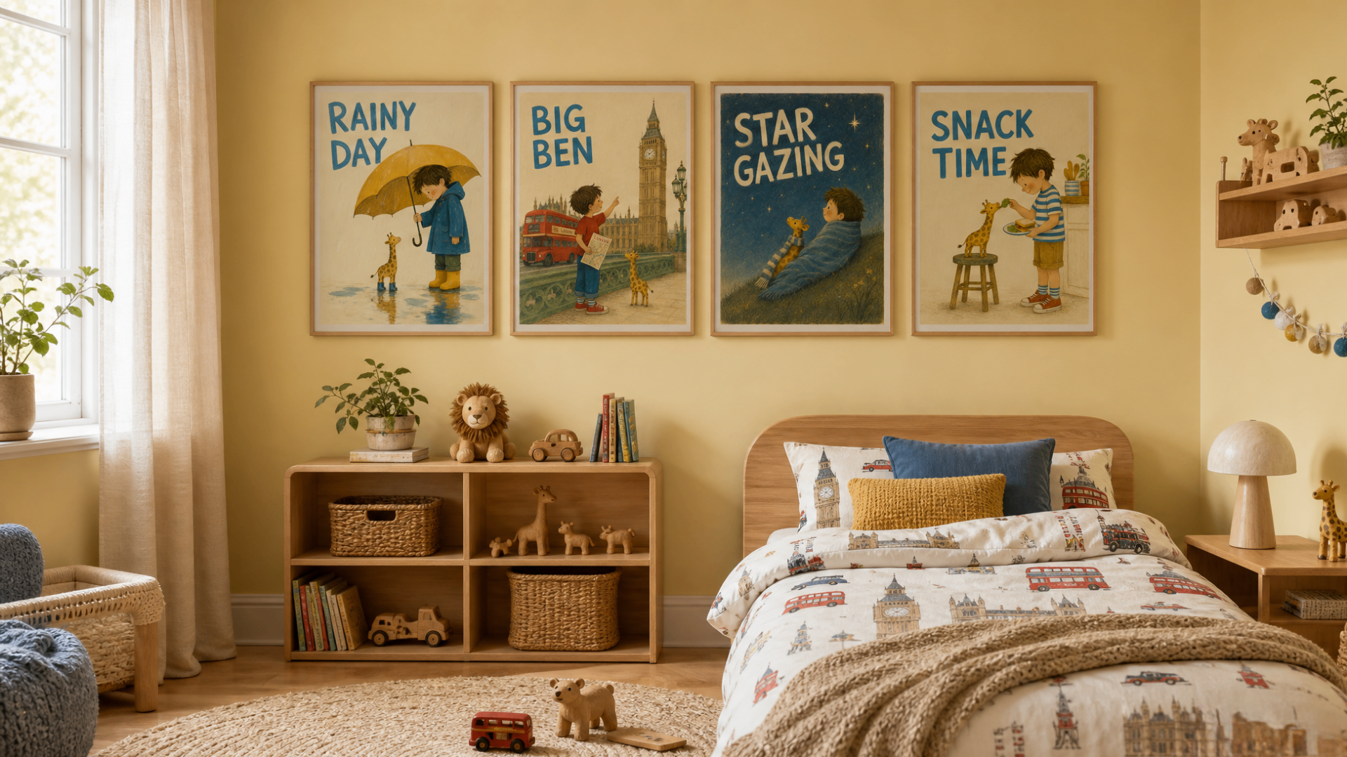 Four Arthur & Peanut storybook posters — Rainy Day, Big Ben, Star Gazing and Snack Time — above an oak shelf in a warm yellow Scandinavian children's bedroom