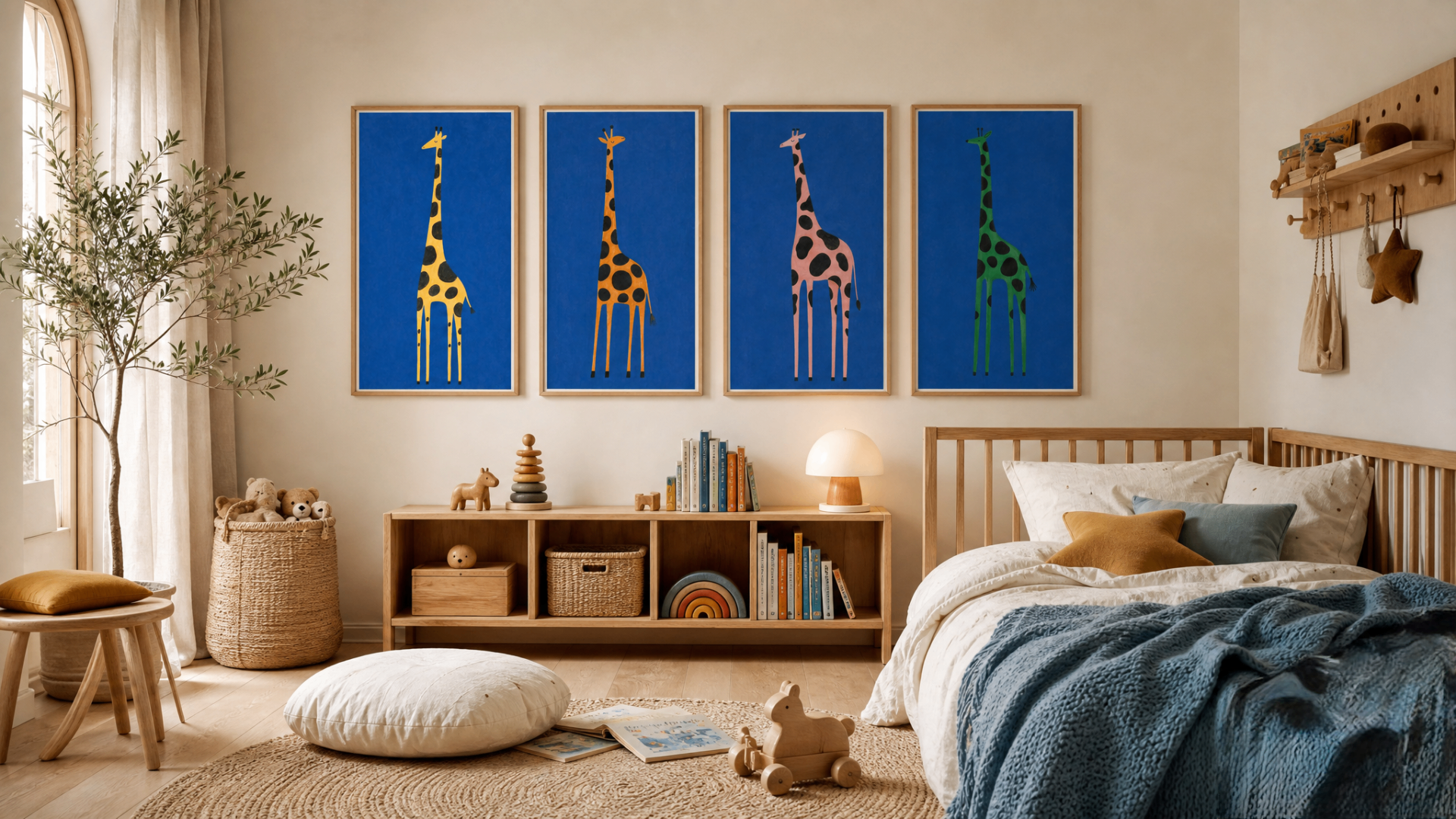 Four colorful giraffe prints above a child's bed in a Scandinavian room