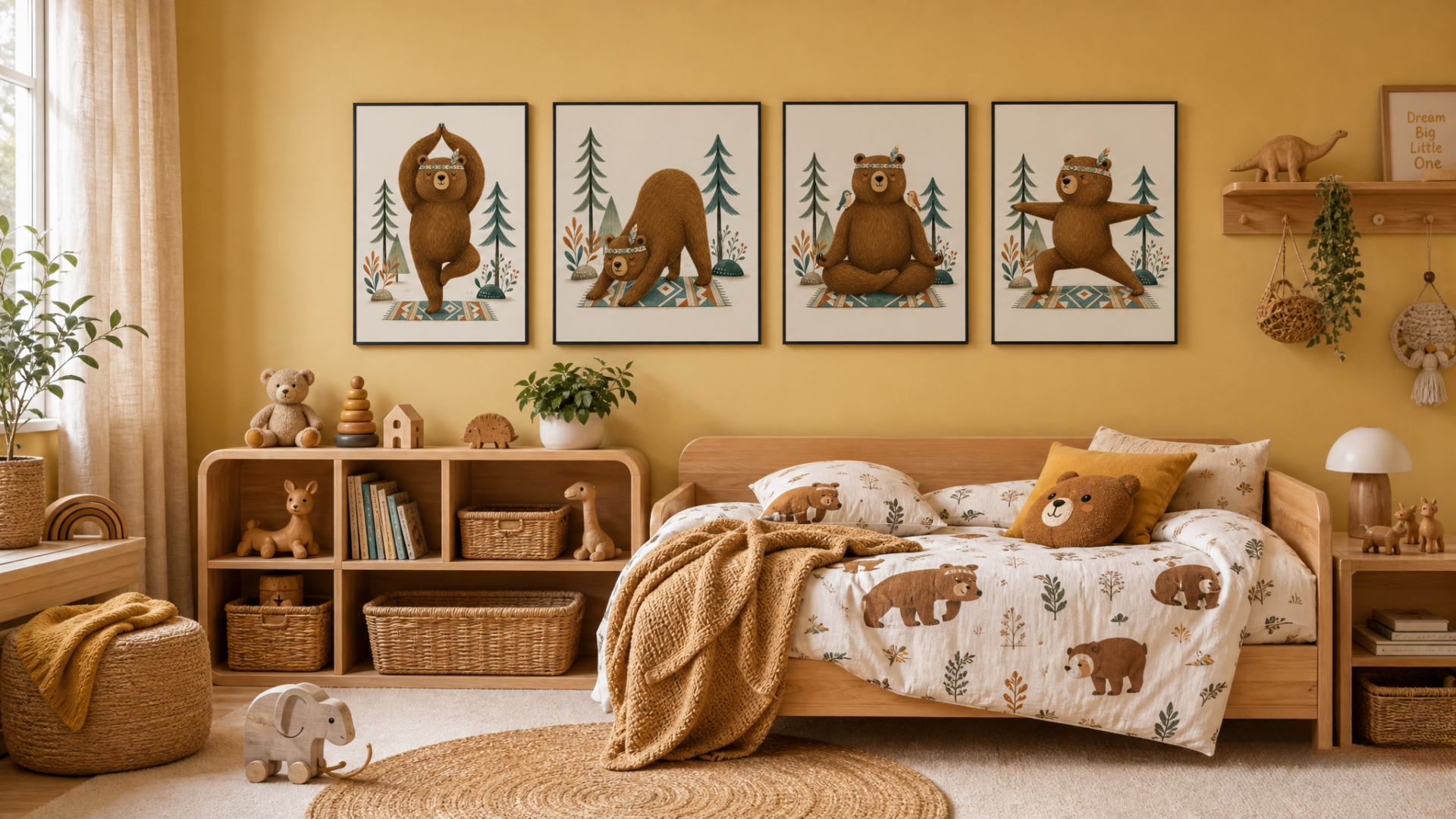 Four yoga bear prints above a wooden daybed in a warm yellow Scandinavian children's bedroom