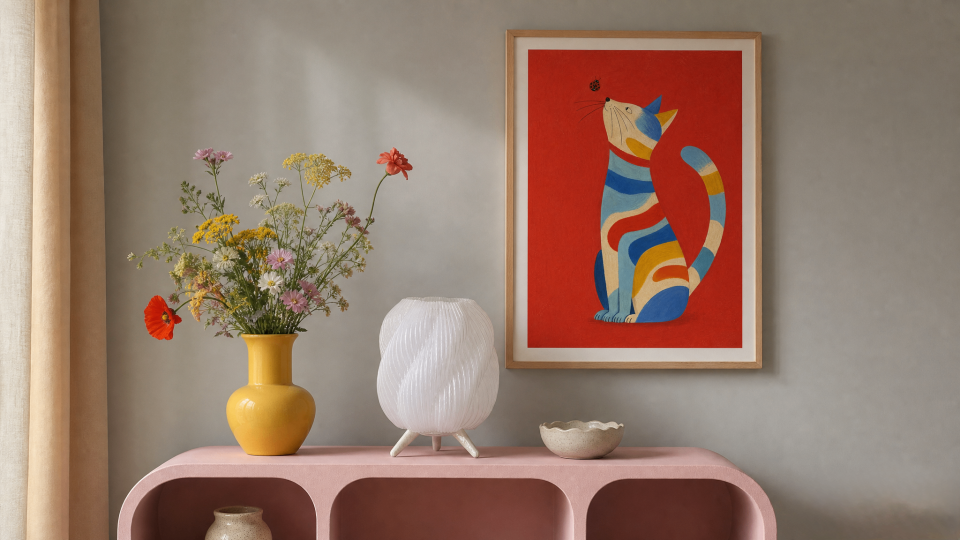 A dopamine decor living vignette — a large, colourful illustrated cat poster in an oak frame hangs above a curved pink shelf unit, with wildflowers in a yellow ceramic vase and a soft, ribbed paper lamp.