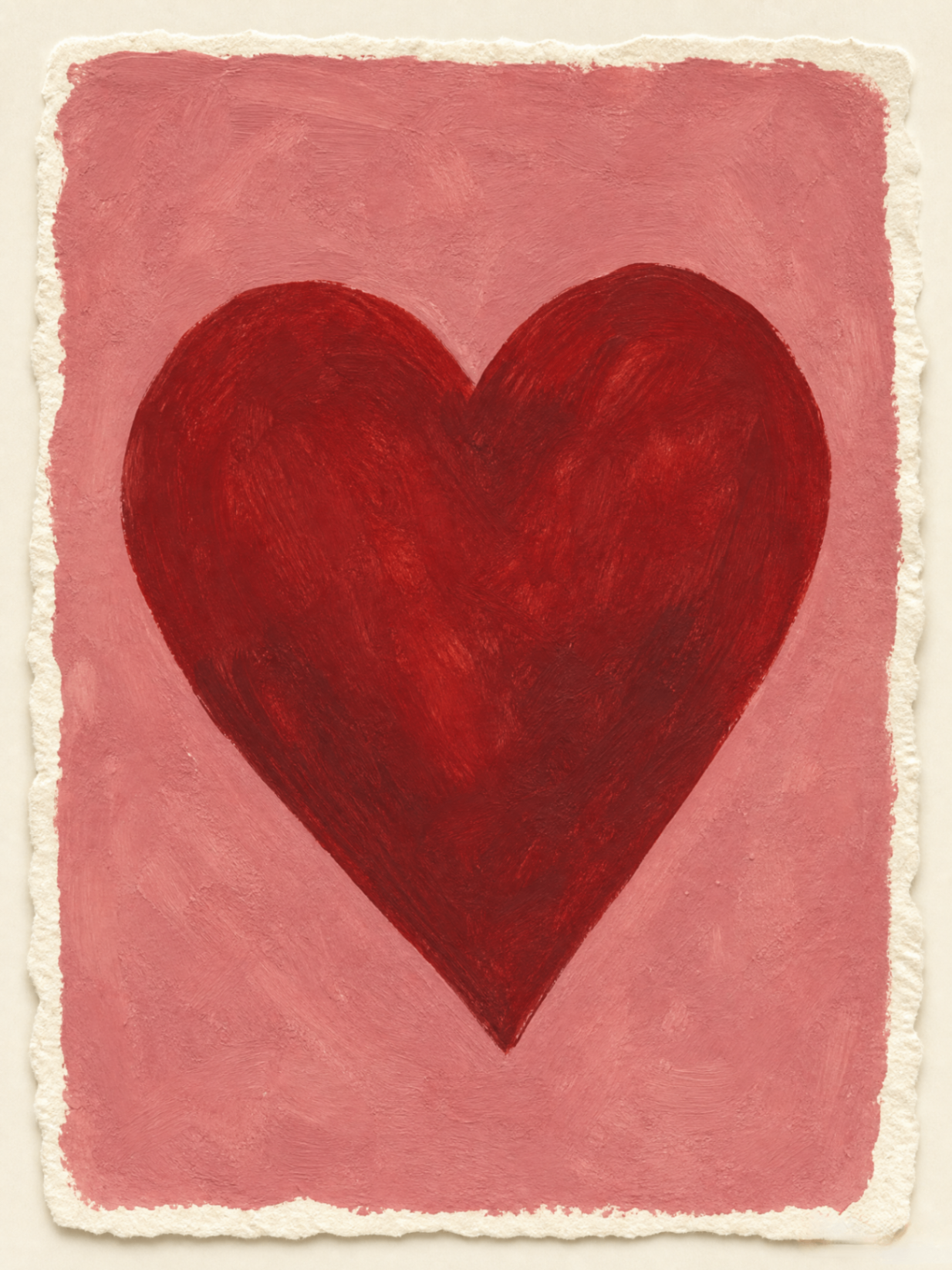 A hand-painted deep crimson heart on a dusty rose gouache background — a joyful, dopamine-decor inspired print.