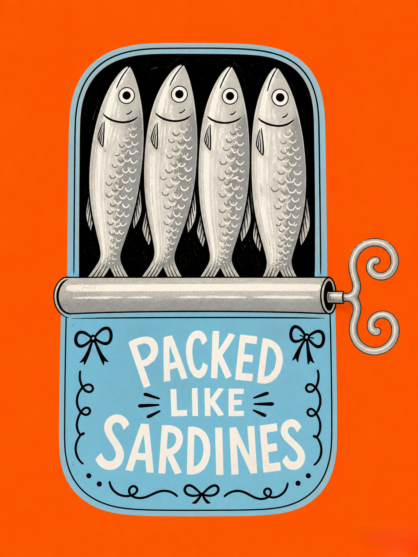Packed Like Sardines — a whimsical poster of four smiling silver sardines inside a pastel blue vintage tin with a curly key-crank, set against a vivid orange background.
