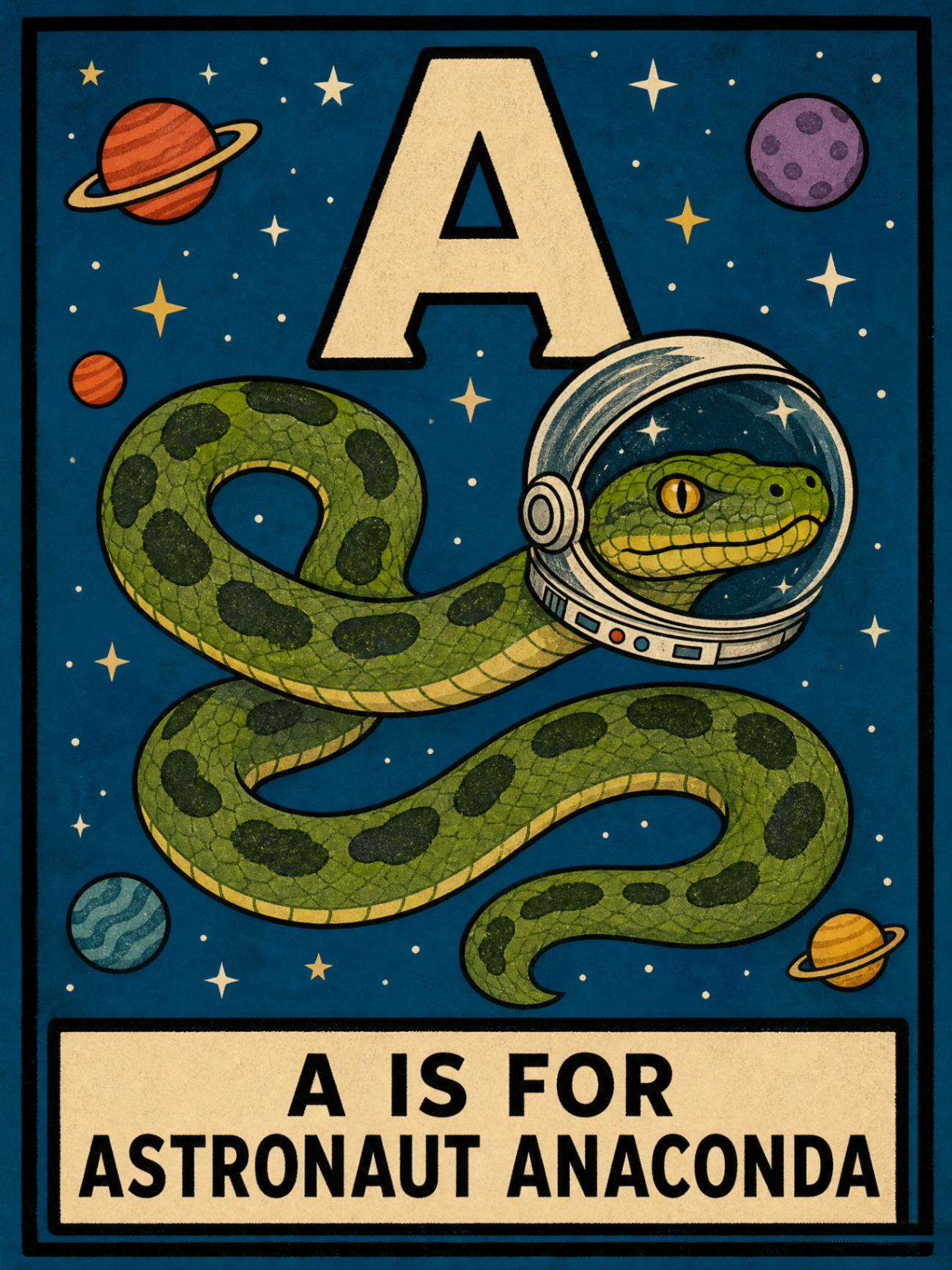 A is for Astronaut Anaconda — a friendly green snake wearing a space helmet floating among planets and stars.