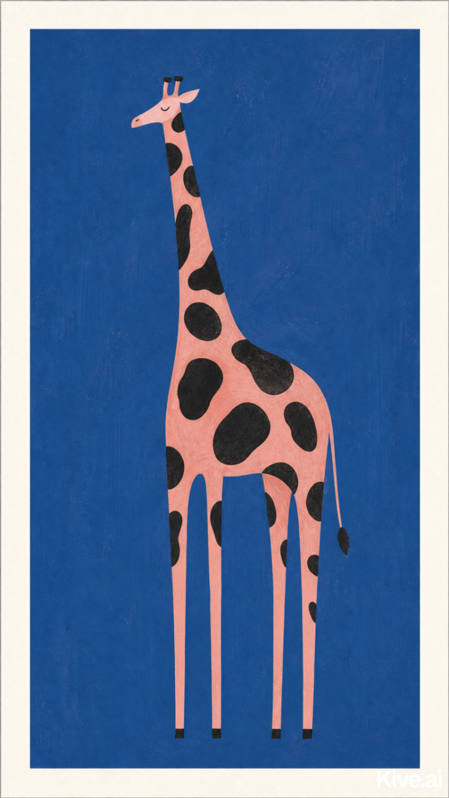 Minimal whimsical giraffe poster — a tall pink giraffe with black spots on a deep cobalt blue background, inspired by Scandinavian gallery prints.