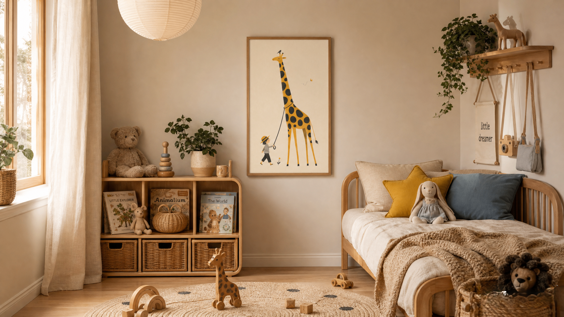 Framed giraffe and boy illustration in a warm Scandinavian children's bedroom